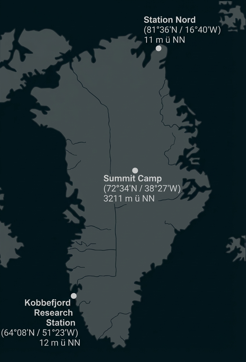 Schwarz-weiß Karte von Grönland mit markierten Forschungsstationen: Station Nord, Summit Camp, Kobbefjord